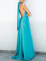 Elegant Women Solid Maxi Beach Dress Sexy Halter Neck Backless Lady Party Dress 2025 Summer Sleeveless Loose Long Dress Vestidos - Lootquake