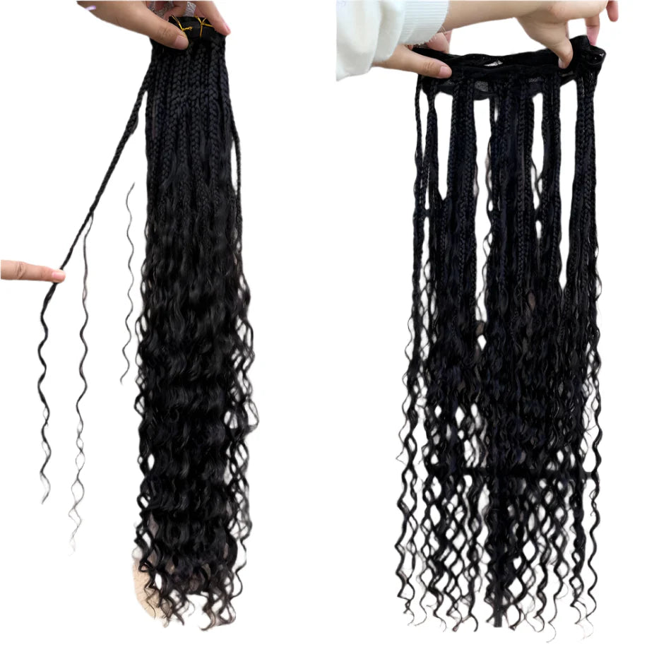 Boho Box Braids Crochet Human Hair Extensions | Curly Weave Bundles | Brazilian Hair | Natural Black | For Braiding & Styling