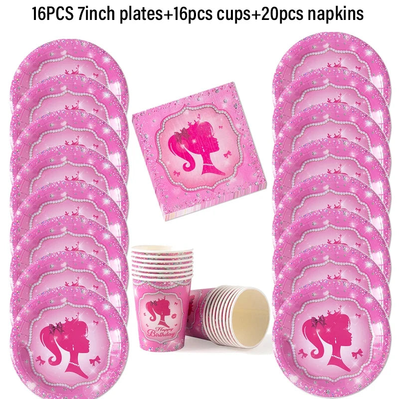 Décoration de fête d'anniversaire, vaisselle jetable rose, assiette en papier, gobelet, nappe, fournitures pour fête prénatale, anniversaire de fille