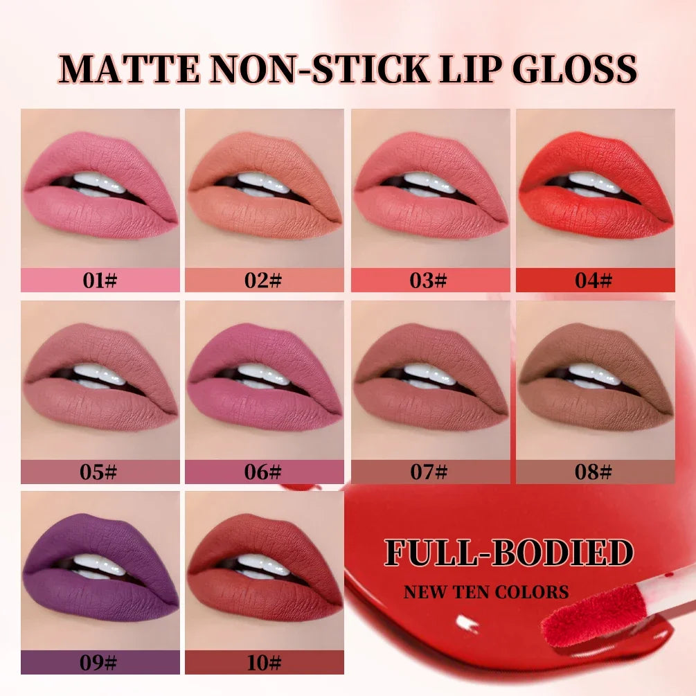 QIBEST 10 Colors Nude Matte Liquid Lipstick Waterproof Silky Lip Gloss Non-Stick Cup Lasting Purple Red Lip Tint Durable Makeup