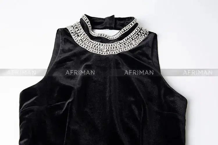 Women Heavy Rhinestone Bead Sexy Backless High Neck Waist Bag Hip Slimming Velvet Long Dress - Lootquake