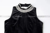 Women Heavy Rhinestone Bead Sexy Backless High Neck Waist Bag Hip Slimming Velvet Long Dress - Lootquake