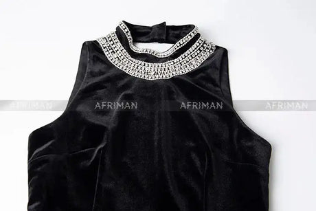 Women Heavy Rhinestone Bead Sexy Backless High Neck Waist Bag Hip Slimming Velvet Long Dress - Lootquake