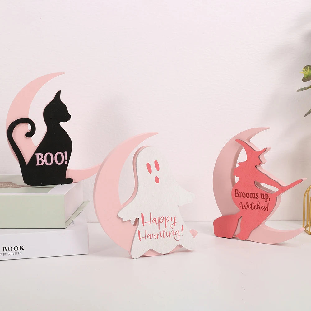 Halloween decorations, ghost, black cat, witch themed ornaments, atmosphere, background, desktop scene arrangement