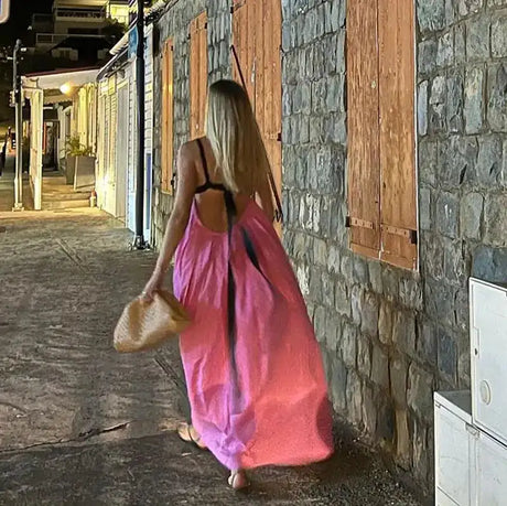 Sexy Backless Beach Dress Women 2024 Holiday Sleeveless Loose Slip  Long Dress Street Fashion Panelled Bandage Summer Lady Robe - Lootquake