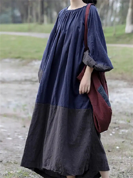Oversized Spring New Women Big Size Robe Dress Korea Casual Loose Ladies Pullover Cotton Linen Dresses Woman Blue Long Dress - Lootquake