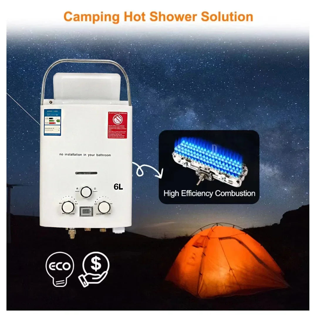 Calentador de agua instantáneo sin tanque de 6 litros para acampar al aire libre, a gas propano, con cabezal de ducha, para auto, camión y tienda de campaña.