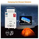 Calentador de agua instantáneo sin tanque de 6 litros para acampar al aire libre, a gas propano, con cabezal de ducha, para auto, camión y tienda de campaña.