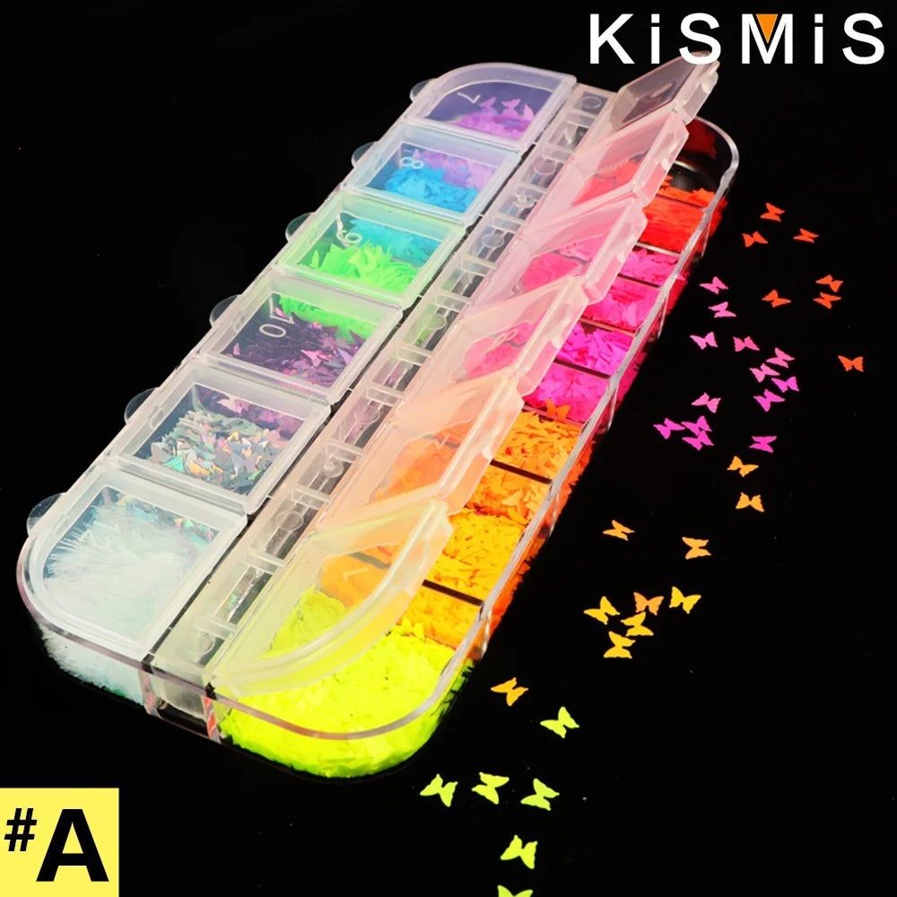 1 Box Fluorescence Butterfly Shape Nail Art Glitter Flakes 3D Colourful Sequins Polish Manicure Nail Decoration