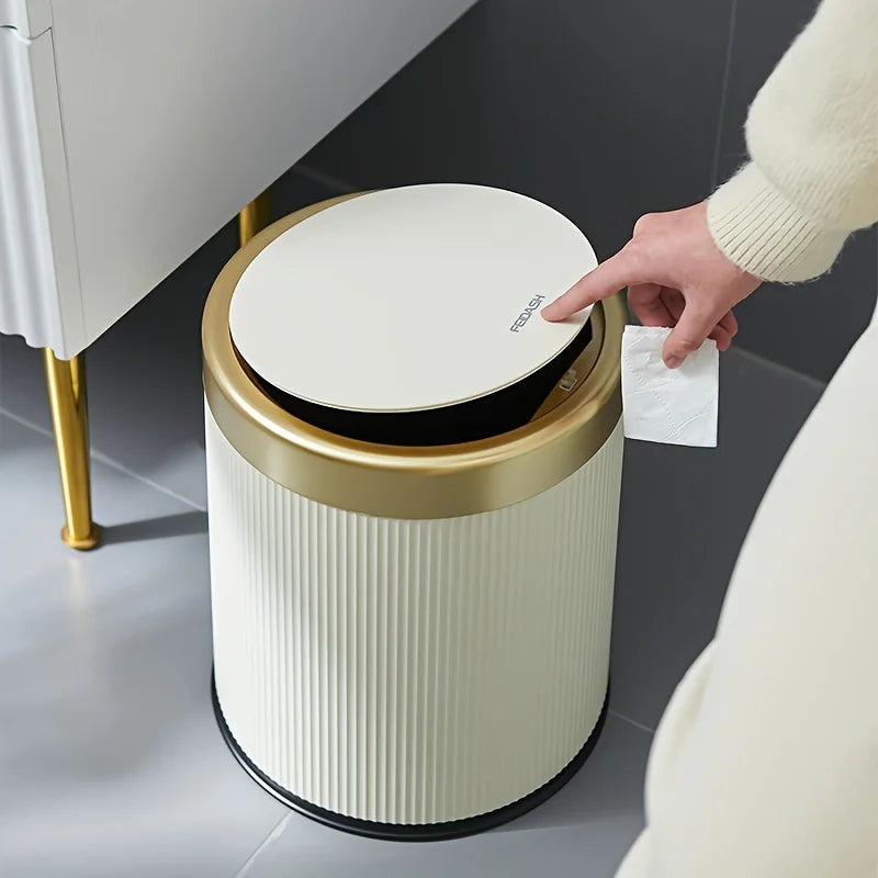 1 fashionable circular top garbage bin with gold edge - durable, stylish storage essential household garbage basket