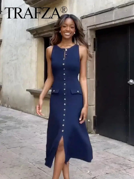 TRAFZA Women Elegant Solid Sleeveless Knitted Long Dress Fashion Single Breasted O Neck Dresses Female Chic Slim Midi Tank Dress - Lootquake