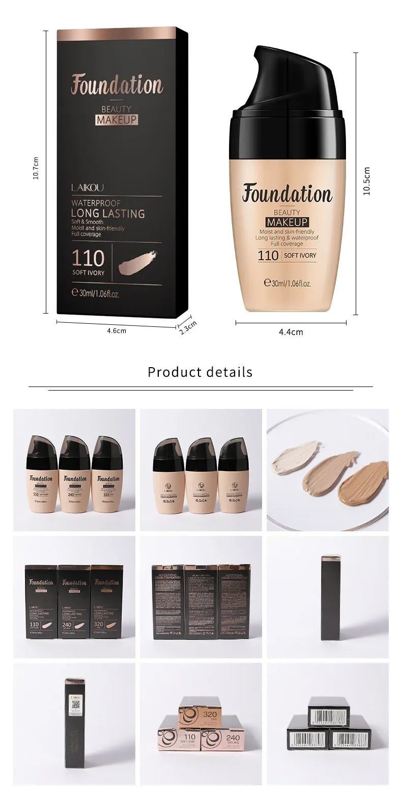 LAIKOU Base de maquillaje líquida hidratante de larga duración, cosmética facial, iluminadora natural, tono base, maquillaje, 30 ml