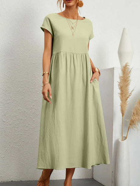 Women Elegant Solid Maxi Dress Summer Short Sleeve O Neck Vintage Harajuku Cotton Linen Loose Sundress Y2K Pockets Long Dress - Lootquake