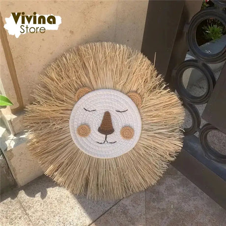 Nordic Hand Woven Lion Wall Hanging Ornaments Cartoon Animal Head Straw Weaving Children Room Wall Decor Tent Party Decoration - Lootquake