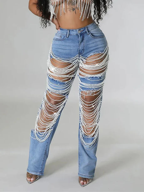 Women Plus Size Pearls Jeans Casual Vintage Cutout High Waist Y2K Streetwear Pearls Denim Jeans Pockets Slim Denim Trousers - Lootquake
