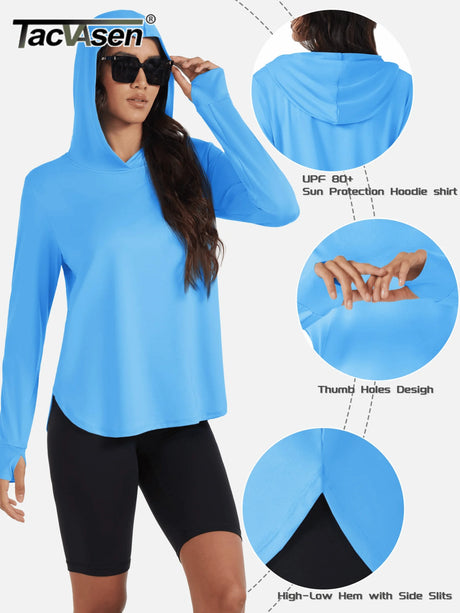 TACVASEN UPF 80+ Quick Dry Hooded T-Shirts Womens Summer Long Sleeve Sun UV Protection Tees Breathable Thumb Holes Pullover Tops - Lootquake