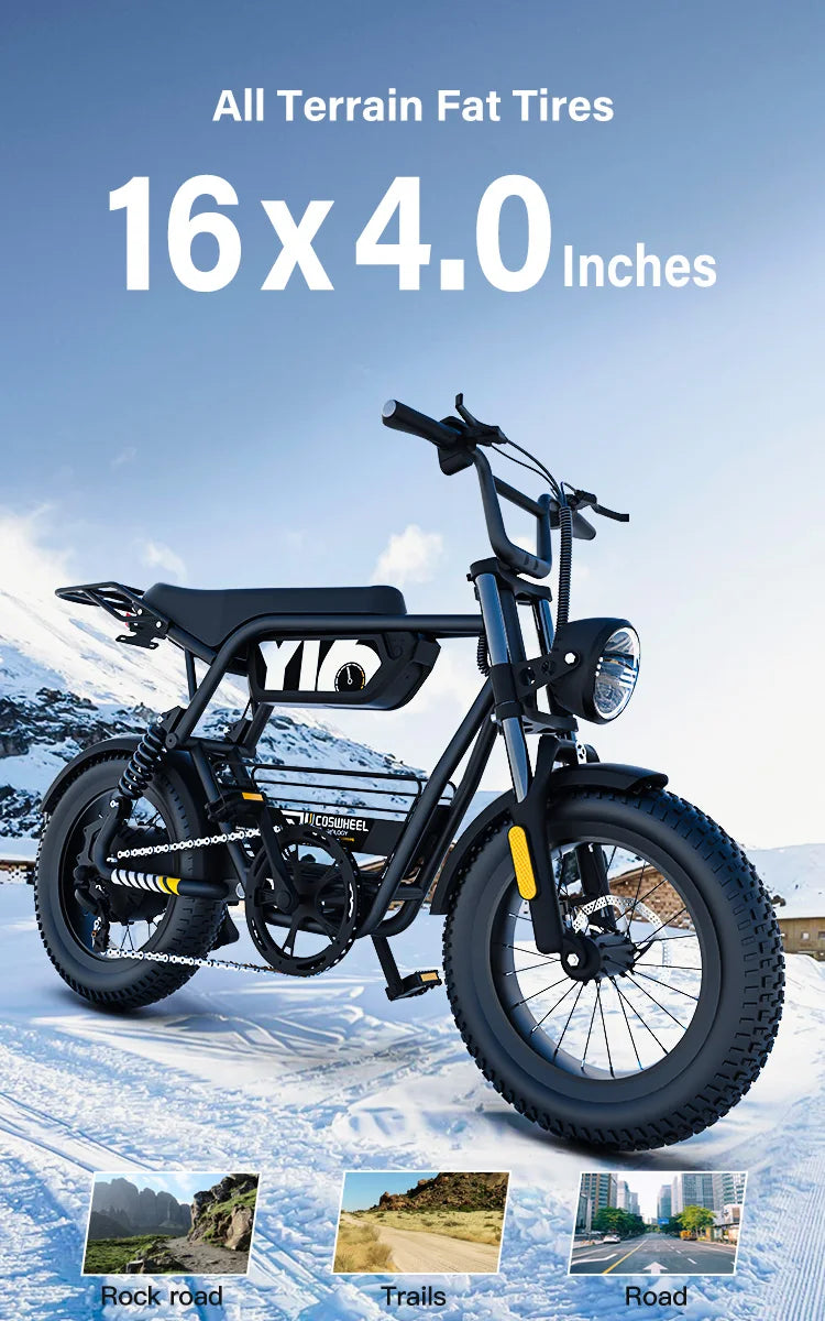 Bicicleta eléctrica para adultos Coswheel Y16, 1000 W, batería de 48 V y 15 Ah, bicicleta de montaña eléctrica de 16 pulgadas con neumáticos anchos.