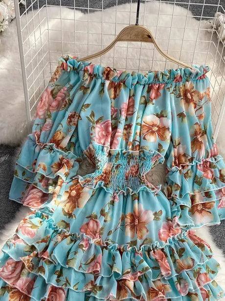 Summer New Off Shoulder  Wrap Waist to Show Thin A-line Fragmented Cake Dress Women's Beach Vacation Chiffon Long Dress GD820 - Lootquake