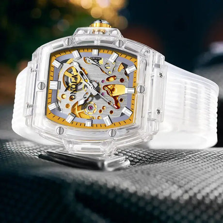 Luxury men's watch onola plastic transparent hollow full automatic mechanical watches men waterproof clock - Lootquake