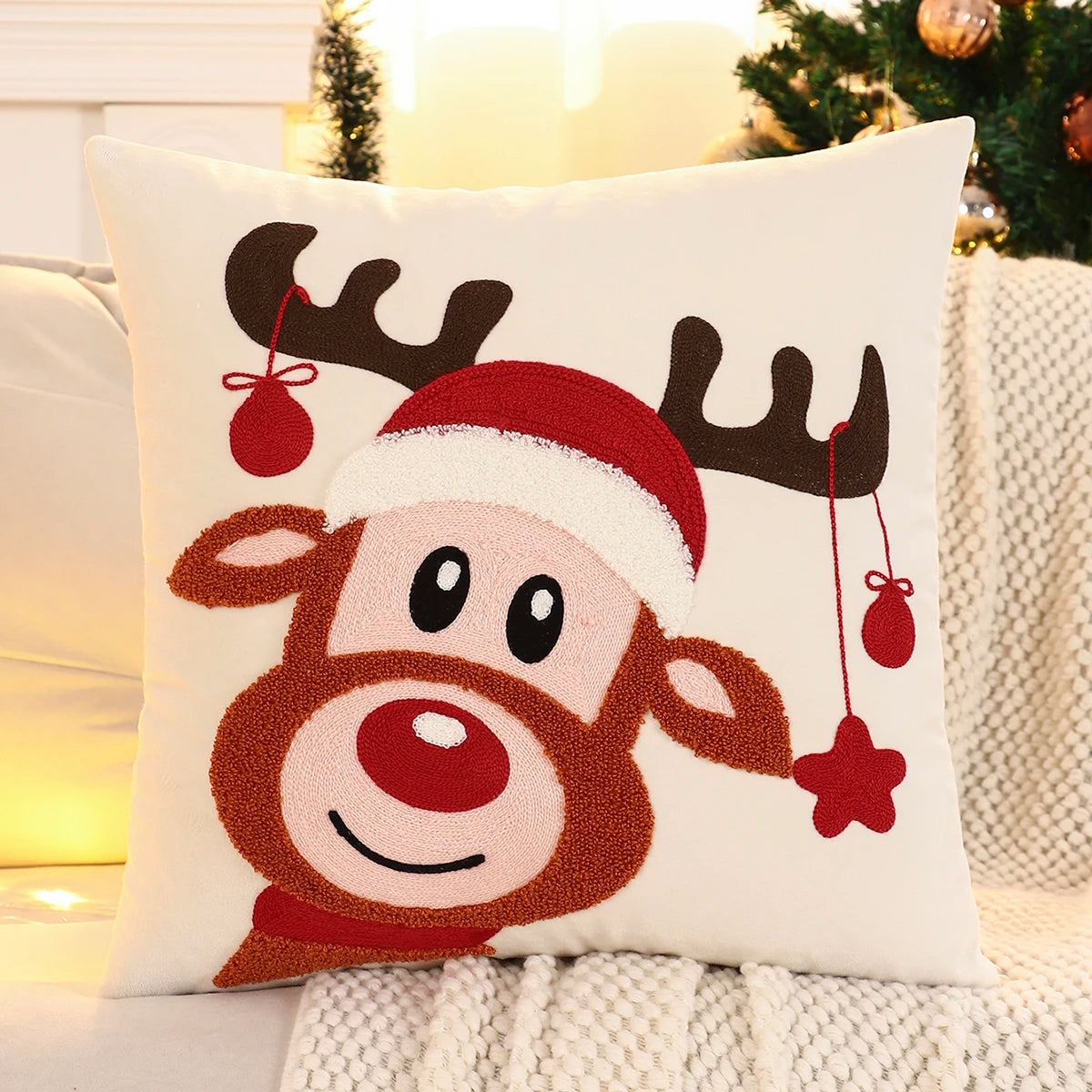1 funda de almohada navideña con diseño de ciervo, guantes bordados de terciopelo, decoración navideña para sala de estar.