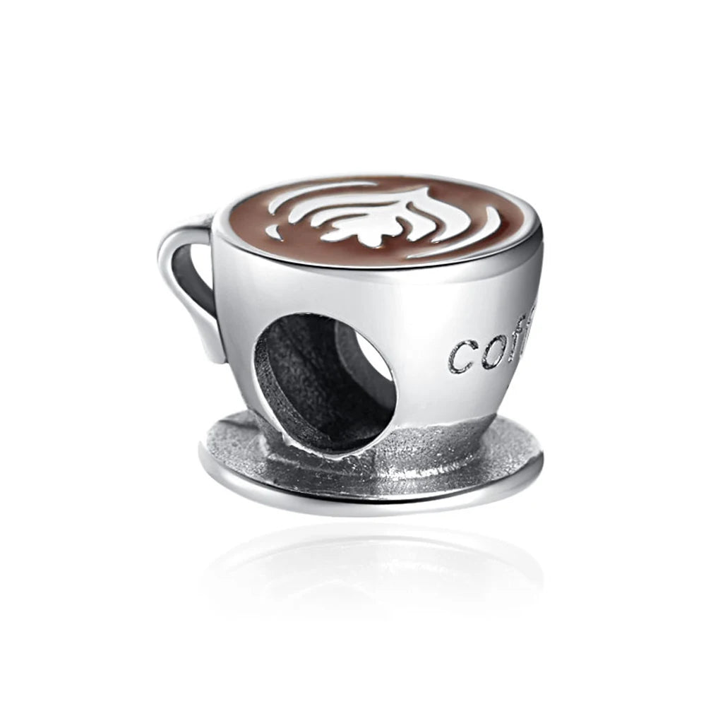 Dije de plata de ley 925 con forma de café, vino tinto, cafetera, copa de champán, compatible con pulseras colgantes originales, joyería DIY para mujer.