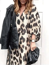 Autumn Women's Long Leopard Print Dress New Long V-neck Loose Lantern Sleeve Leopard Print Dress Long Dress - Lootquake
