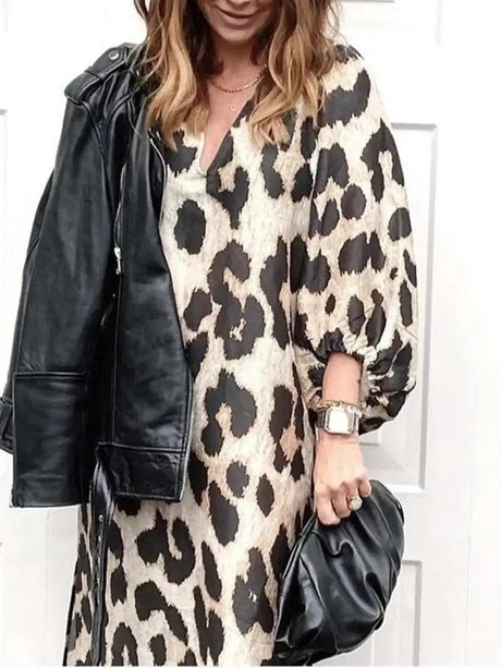 Autumn Women's Long Leopard Print Dress New Long V-neck Loose Lantern Sleeve Leopard Print Dress Long Dress - Lootquake