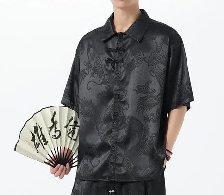 M-5XL Plus Size Men Kung Fu Shirt Hot Chinese Traditional Men's Casual Top Dragon Pattern Short Sleeve Summer Clothing for Male - Lootquake