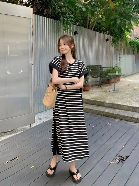 2024 New Casual Korean Striped O-neck Short Sleeve Long Dress Ladies Simplicity Patchwork Loose Tshirt Dress Women Clothing - Lootquake