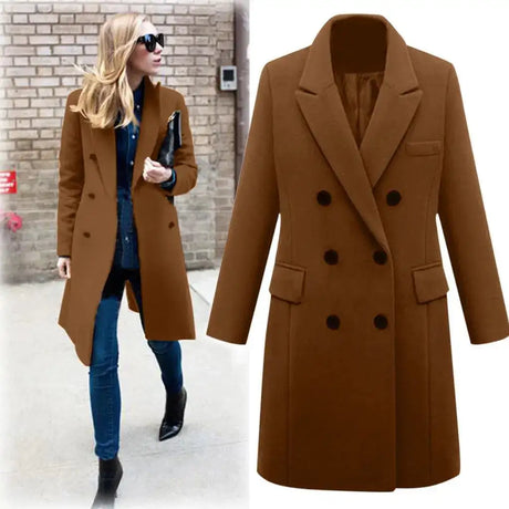 Autumn Winter Women's Woolen Jacket Long Windbreaker Double Breasted Slim Fit Coat - Lootquake