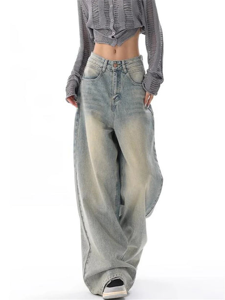 Women's American Vintage Washed Thin Jeans Street Casual Neutral Style Blue Denim Trousers Female High Waist Straight Pants - Lootquake