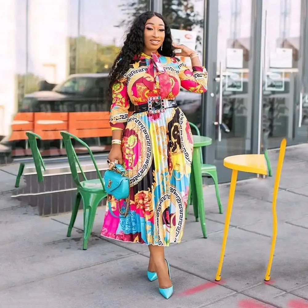 2024 Spring Summer New Cross-border Wishdress Women's Clothing Artistic Printing Plenty Folds Seven-half Sleeves Long Dress - Lootquake