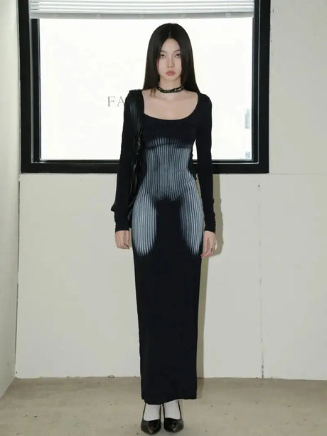 Y2K Sexy Long Sleeved Print Design Long Dress Elegant Slim Square Necked Dress Woman Street Style Wrapped Hip Skirt - Lootquake
