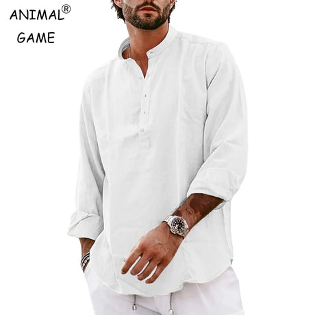 Streetwear Mens Cotton Linen Shirts Casual Lightweight Long Sleeve Henley Shirts for Men Beach Hawaiian Breathable T Shirts - Lootquake