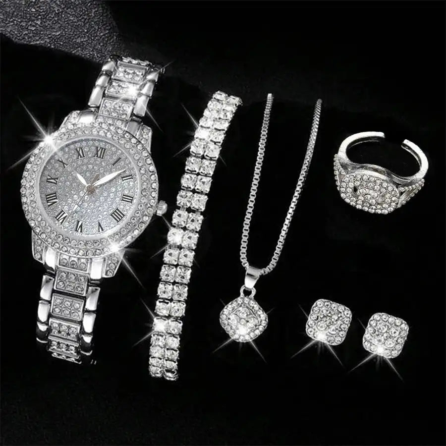 6PCS Women Watch Luxury Elegant Alloy Watch Crystal Wristwatch For Ladies Gift Quartz Watch Alloy Rhinestone Bracelet Montre - Lootquake