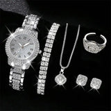 6PCS Women Watch Luxury Elegant Alloy Watch Crystal Wristwatch For Ladies Gift Quartz Watch Alloy Rhinestone Bracelet Montre - Lootquake