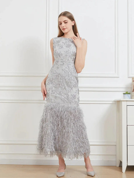 DEVCHATA New Organza Fishtail Long Dress Maxi Evening Sleeveless Bodycon Fitting Gown Feathers Women Robe Vestido - Lootquake