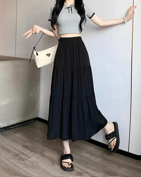 Spring 2024 New Women's Petite Black Umbrella Skirt High-waisted A- line White Dress Long Dress Drape Sense - Lootquake