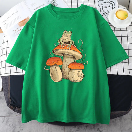 Cottagecore Aesthetic Mushroom Dark Academia Frog Funny T Shirt Men Casual Oversize Cotton Short Sleeve Street Hip Hop T-Shirts - Lootquake