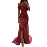Sexy Sequin Evening Party Prom Long Dress Women Elegant V-Neck Gown Dress Off Shoulder Slim High Split Gown Female Vestidos - Lootquake