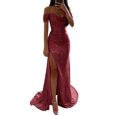 Sexy Sequin Evening Party Prom Long Dress Women Elegant V-Neck Gown Dress Off Shoulder Slim High Split Gown Female Vestidos - Lootquake
