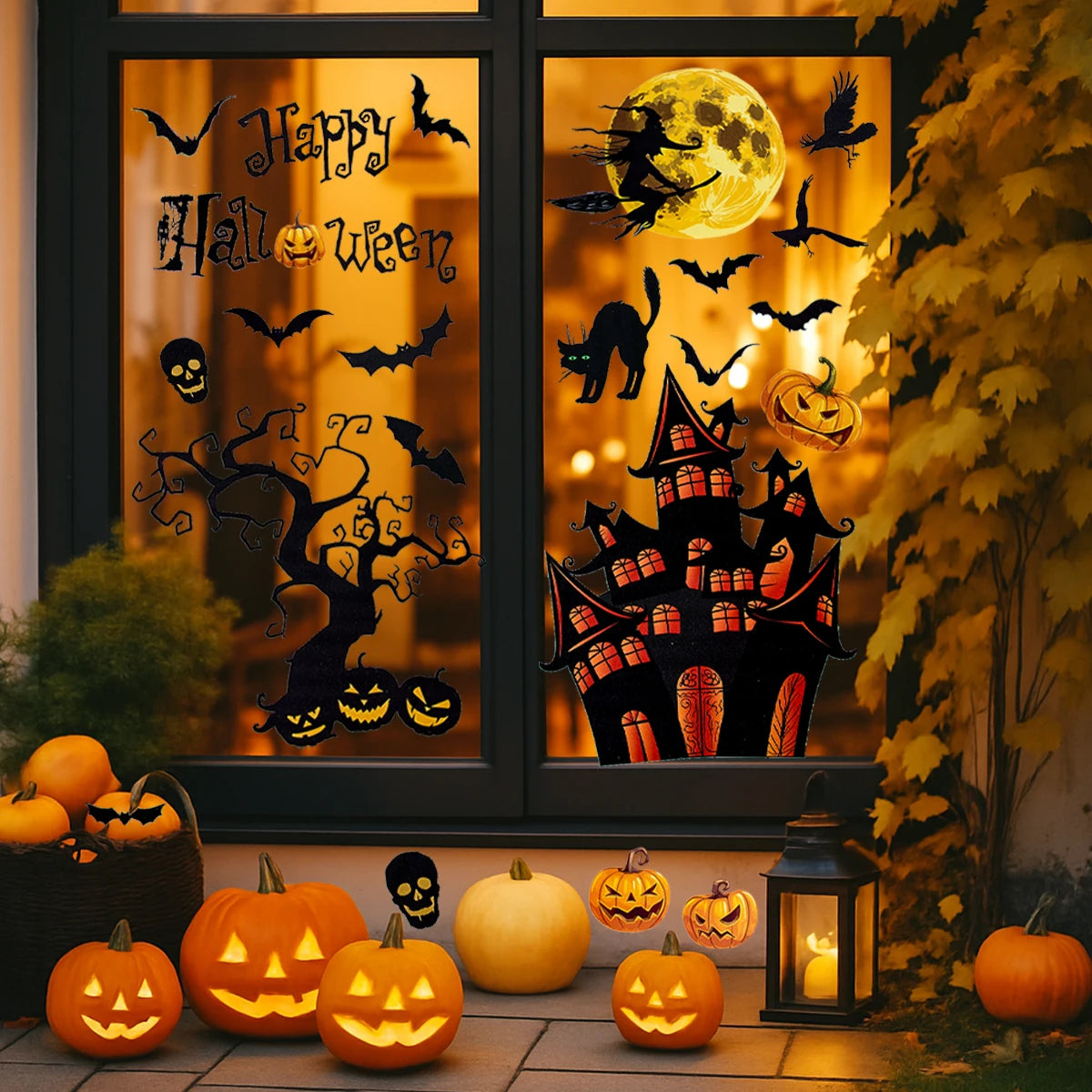 Halloween Pumpkin Window Sticker Haunted House Bat Ghost Glass Wall Sticker Room decor Trick or Treat Halloween Party supplies