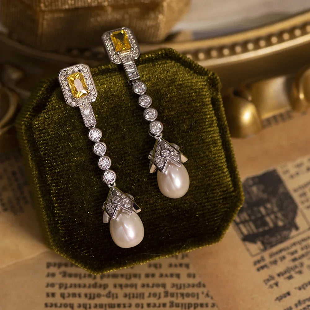 Karachis Vintage Elegant 925 Sterling Silver Natural Pearl High Carbon Diamond Citrine Gemstone Earrings for Women Jewelry - Lootquake