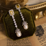 Karachis Vintage Elegant 925 Sterling Silver Natural Pearl High Carbon Diamond Citrine Gemstone Earrings for Women Jewelry - Lootquake