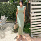 Summer High Quality Korean Simple Hollow Out Vest Knit Sweater Dress Women Japanese Gentle V-Neck Slim Elastic Knit Long Dress - Lootquake