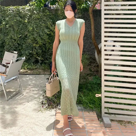 Summer High Quality Korean Simple Hollow Out Vest Knit Sweater Dress Women Japanese Gentle V-Neck Slim Elastic Knit Long Dress - Lootquake