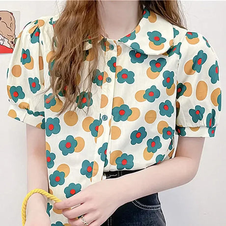 Women Summer Korean Casual Printing Chiffon Loose Polo-Neck Short Sleeve Blouse Women Clothes Sweet All-match Floral Top Tee - Lootquake