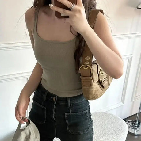Solid All-Match Invisible Integrated Chest Pad Cami 2024 Spring New Korean Women clothes Short Sleeveless Top - Lootquake