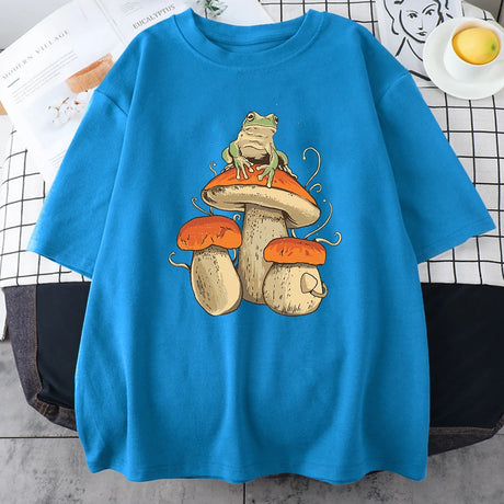Cottagecore Aesthetic Mushroom Dark Academia Frog Funny T Shirt Men Casual Oversize Cotton Short Sleeve Street Hip Hop T-Shirts - Lootquake