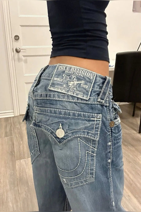 Harajuku Embroidered Casual Jeans New style Retro High Waist American Straight Leg Couples Wear Wide Leg Pants Women Clothing - Lootquake